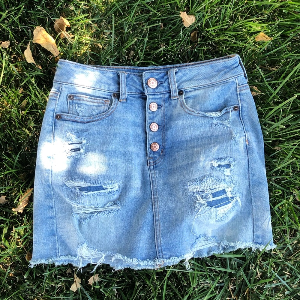 Button up light wash denim skirt